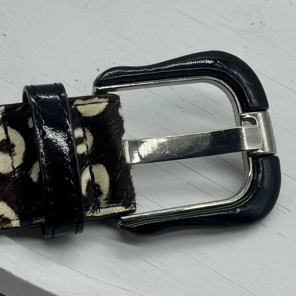 Vintage Women Animal Print Hair Calf Leather Belt Black White Leopard Small